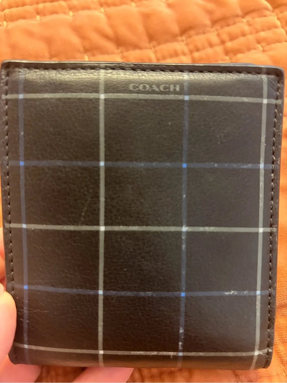 COACH Men's Black Plaid Leather Bi-Fold Wallet